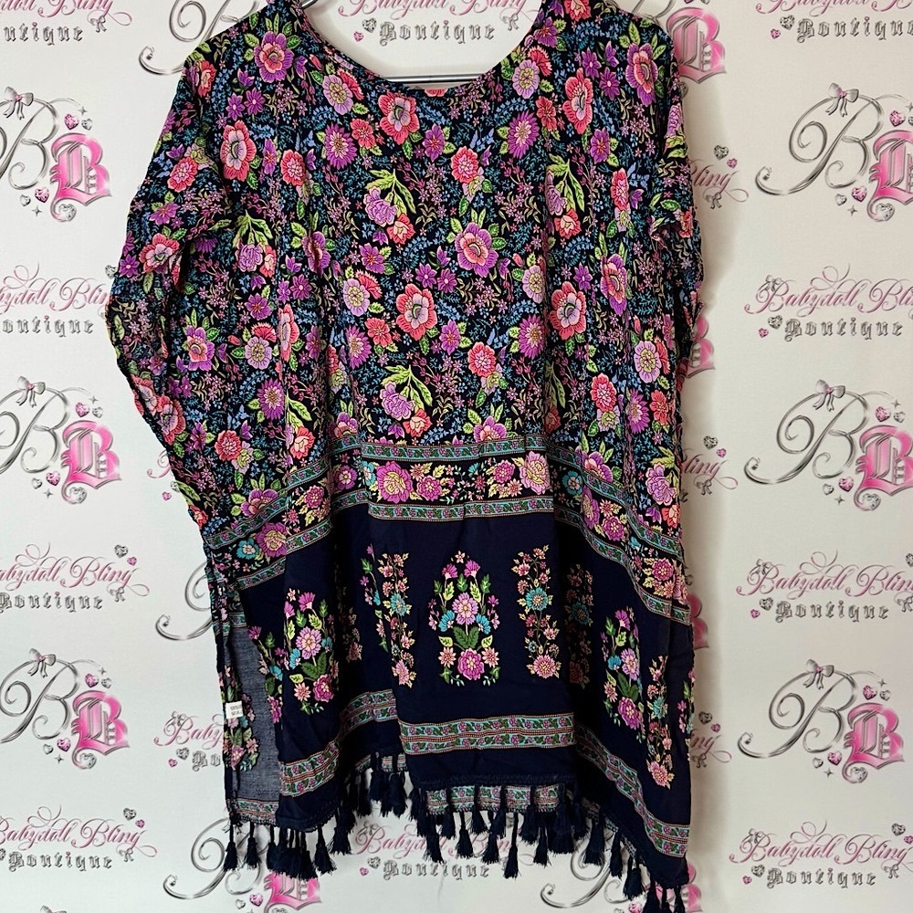 Floral Bohemian Tunic with Tassels flowy tshirt open sides flowers